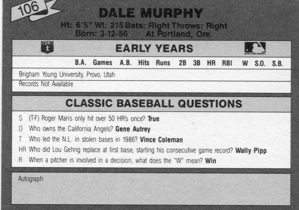 1987 Classic Update Yellow/Green Backs #106 Dale Murphy
