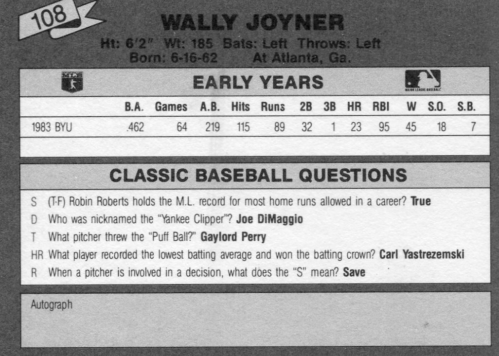 1987 Classic Update Yellow/Green Backs #108 Wally Joyner