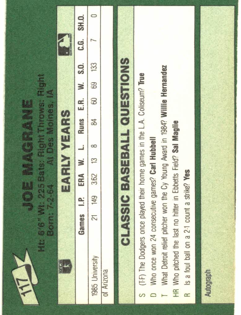 1987 Classic Update Yellow/Green Backs #117 Joe Magrane back image