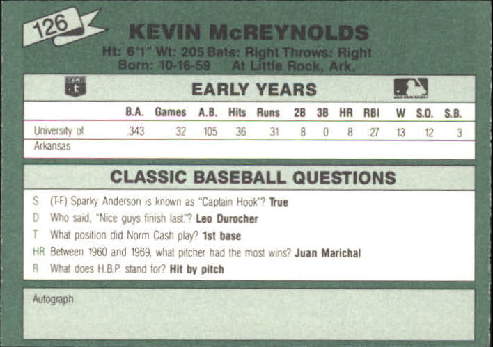 1987 Classic Update Yellow/Green Backs #126 Kevin McReynolds back image