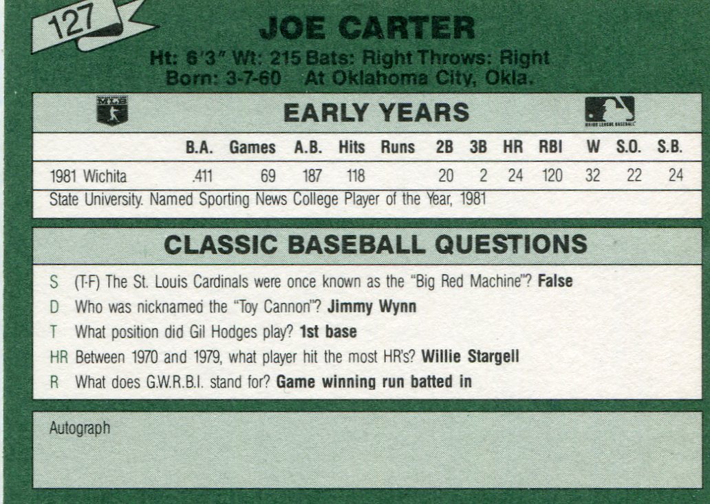 1987 Classic Update Yellow/Green Backs #127 Joe Carter