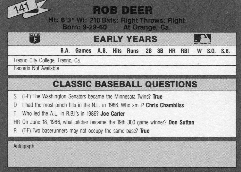 1987 Classic Update Yellow/Green Backs #141 Rob Deer