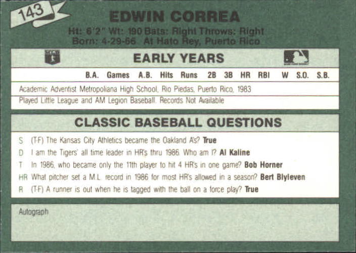 1987 Classic Update Yellow/Green Backs #143 Edwin Correa back image