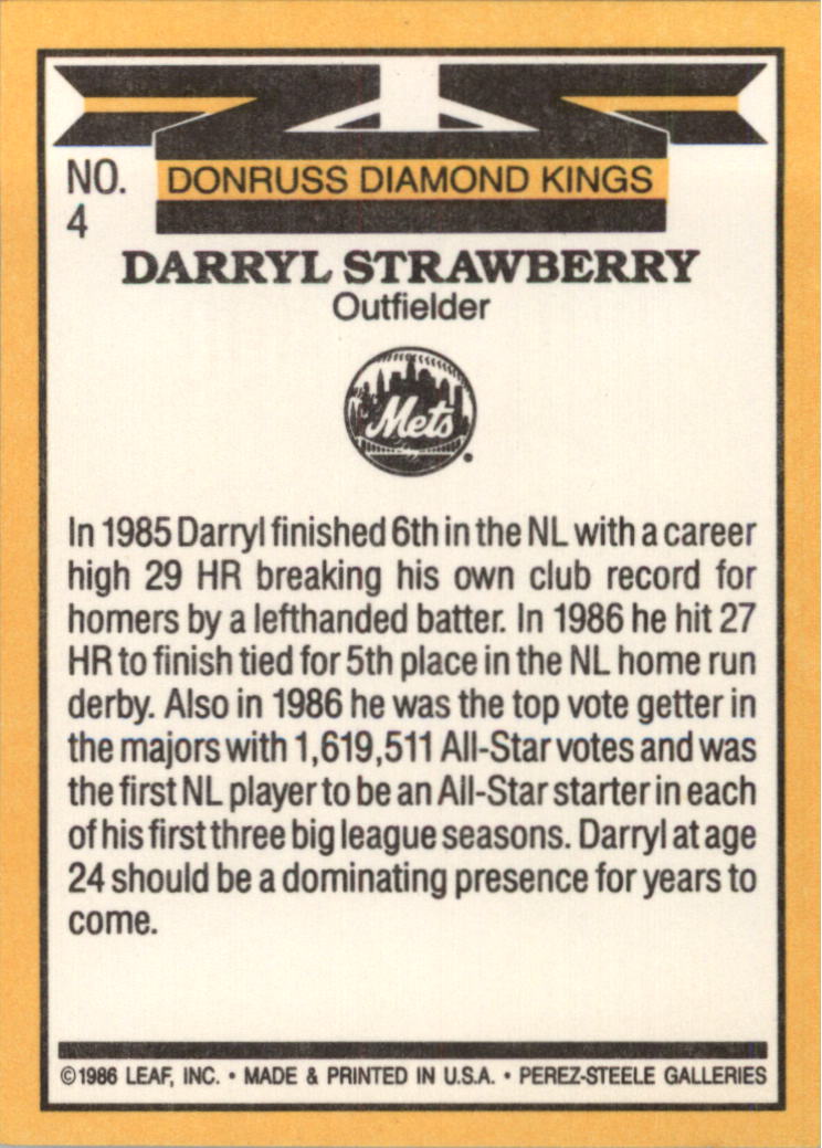 1987 Donruss #4 Darryl Strawberry DK back image