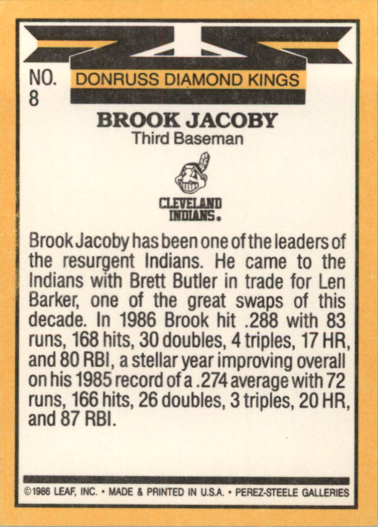 1987 Donruss #8 Brook Jacoby DK back image