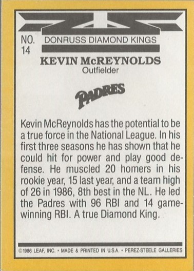 1987 Donruss #14A Kevin McReynolds DK ERR back image