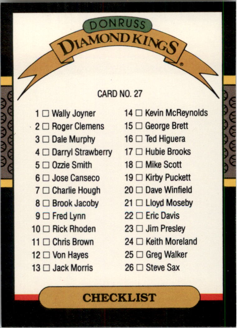 1987 Donruss #27 DK Checklist 1-26 back image