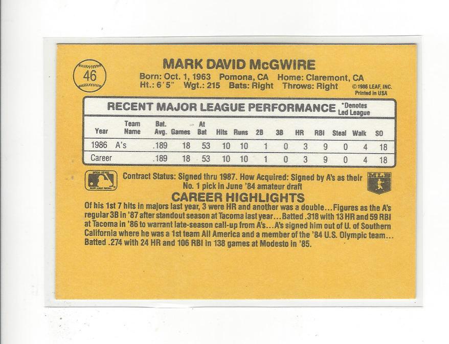 1987 Donruss #46 Mark McGwire back image