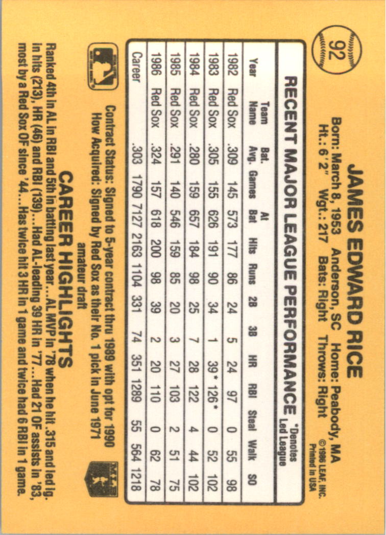 1987 Donruss #92 Jim Rice back image