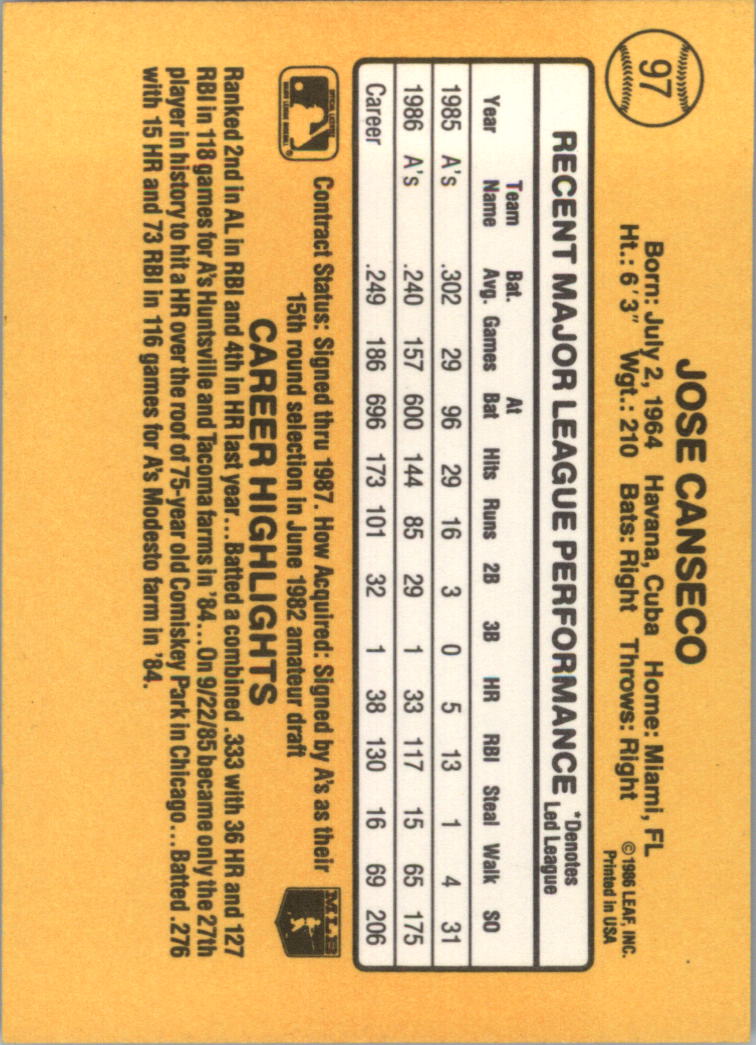1987 Donruss #97 Jose Canseco back image
