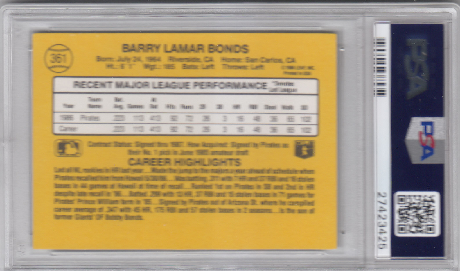 1987 Donruss #361 Barry Bonds RC back image