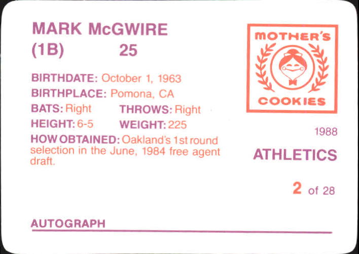 1988 A's Mother's #2 Mark McGwire back image