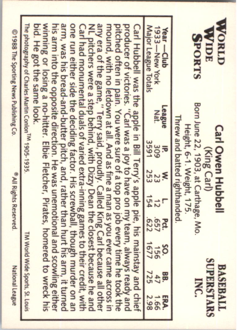 1988 Conlon National All-Stars #11 Carl Hubbell back image