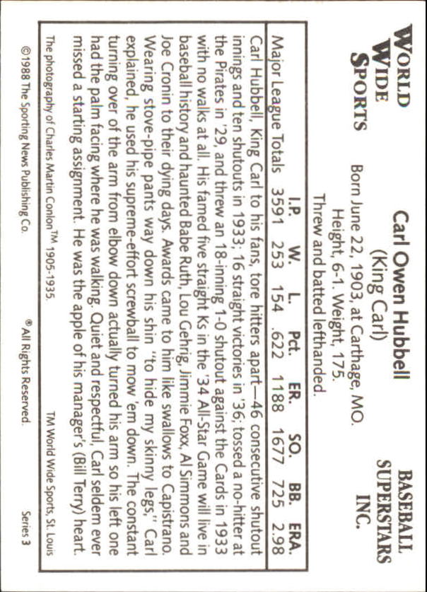 1988 Conlon Series 3 #15 Carl Hubbell back image