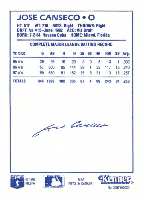 1988 Kenner Starting Lineup Cards #16 Jose Canseco back image