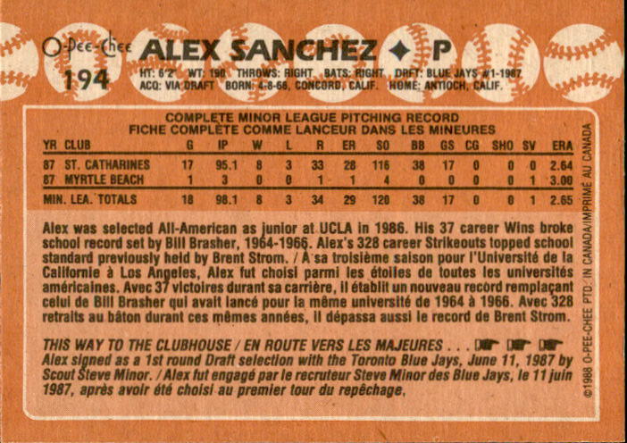 1988 O-Pee-Chee ... Pick Your Player Nate Minchey Delino DeShields Alex Sanchez - Picture 7 of 7