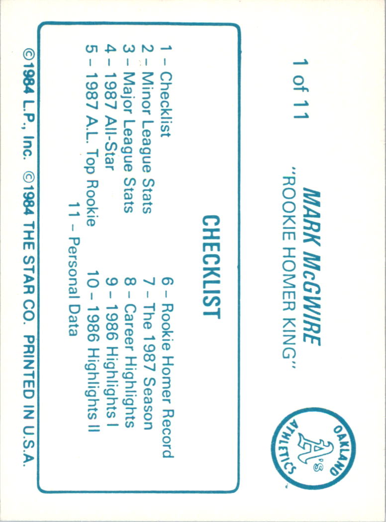 1988 Star McGwire #1 Mark McGwire CL back image
