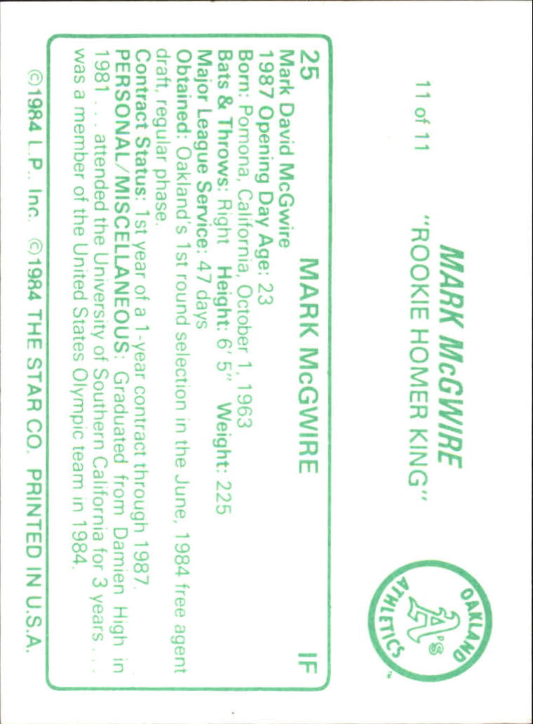 1988 Star McGwire Green #11 Mark McGwire/Personal Data back image