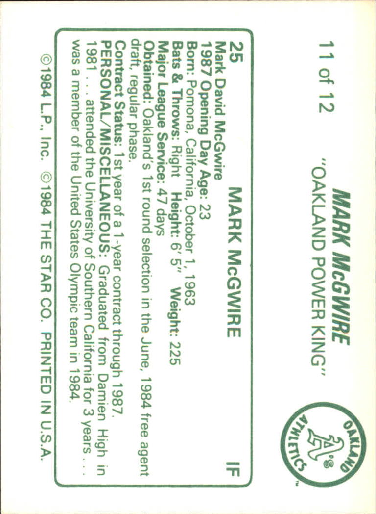 1988 Star McGwire Yellow #11 Mark McGwire/Personal Data back image