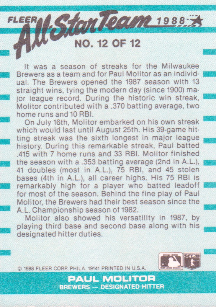 1988 Fleer All-Stars #12 Paul Molitor back image