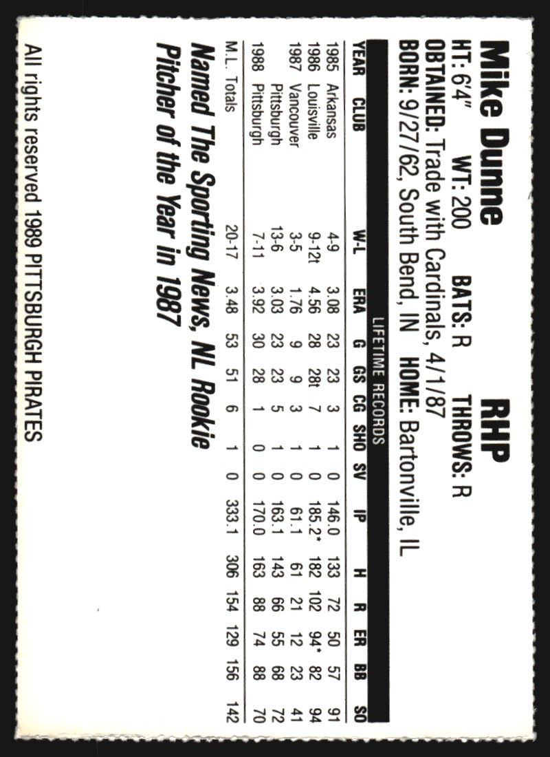 1989 Pirates Very Fine Juice #41 Mike Dunne back image