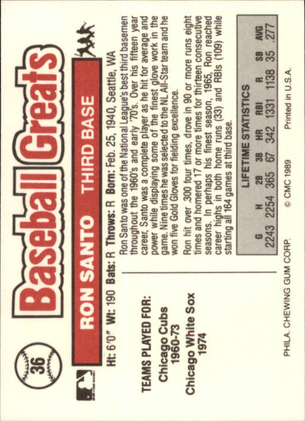 1989 Swell Baseball Greats #36 Ron Santo back image