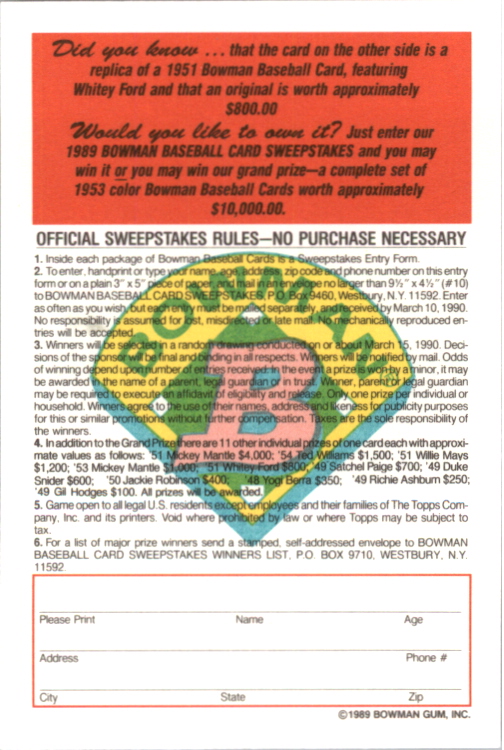 1989 Bowman Reprint Inserts Tiffany #3 Whitey Ford '51 back image