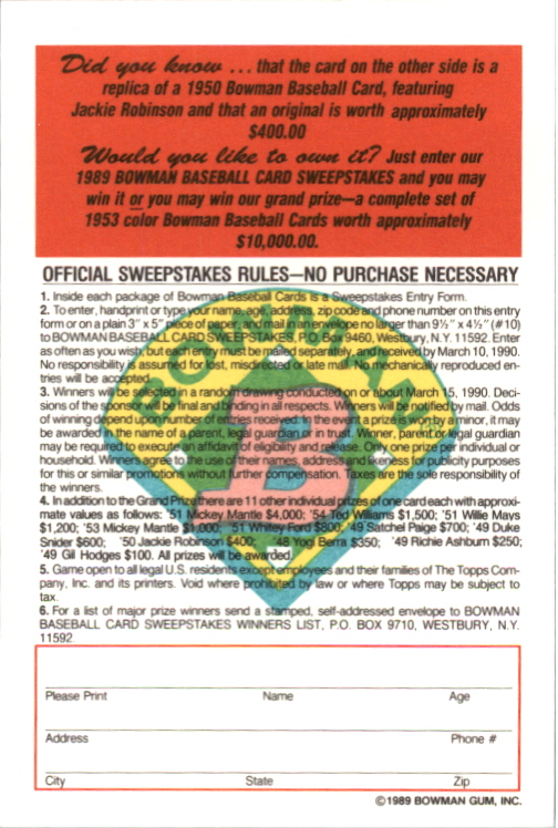 1989 Bowman Reprint Inserts Tiffany #9 Jackie Robinson '50 back image