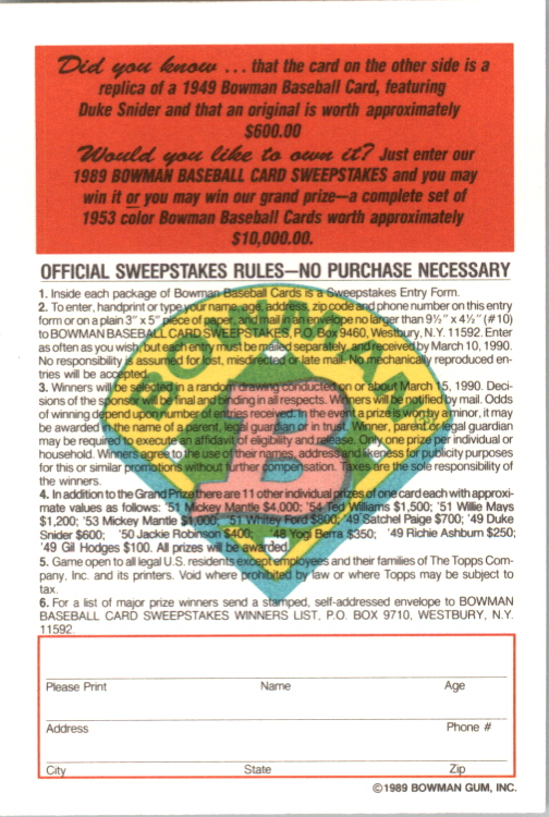 1989 Bowman Reprint Inserts Tiffany #10 Duke Snider '49 back image