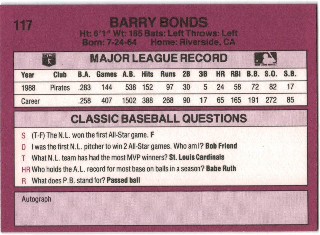 1989 Classic Travel Orange #117 Barry Bonds back image