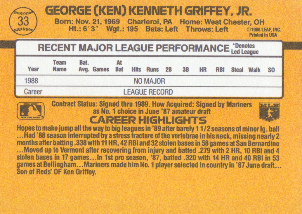 1989 Donruss #33 Ken Griffey Jr. RR RC UER/Born in Donora, PA back image