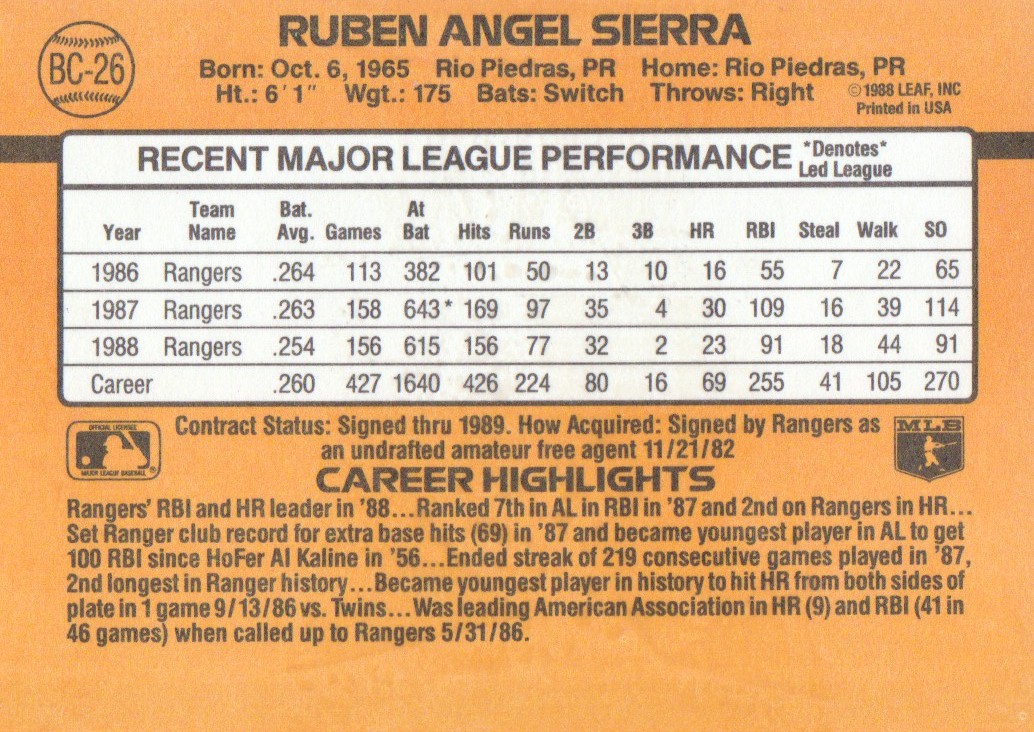 1989 Donruss Bonus MVP's #BC26 Ruben Sierra back image