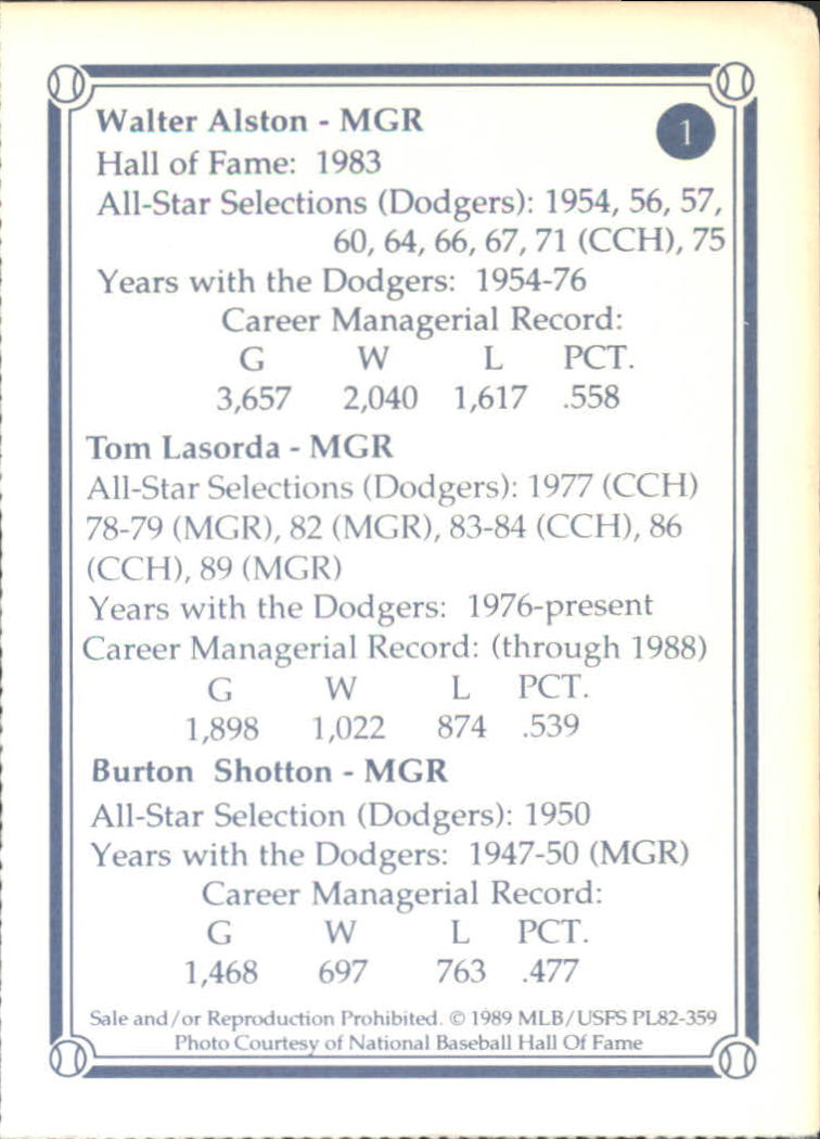 1989 Dodgers Smokey Greats #1 Walter Alston MG