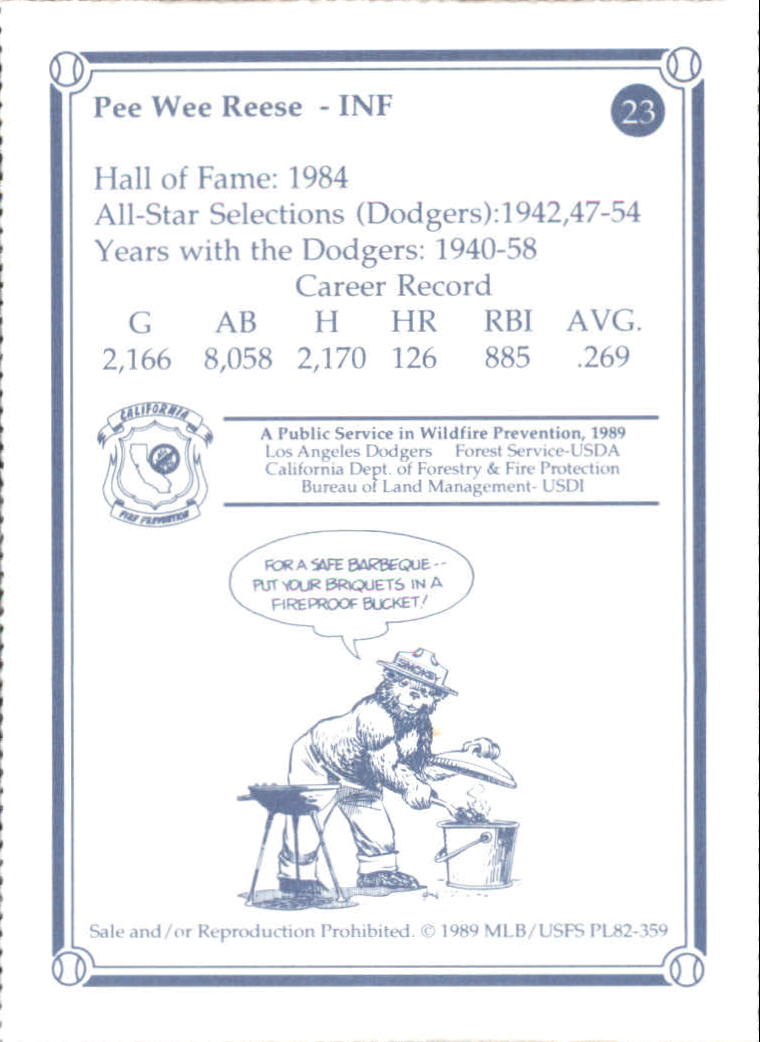 1989 Dodgers Smokey Greats #23 Pee Wee Reese back image