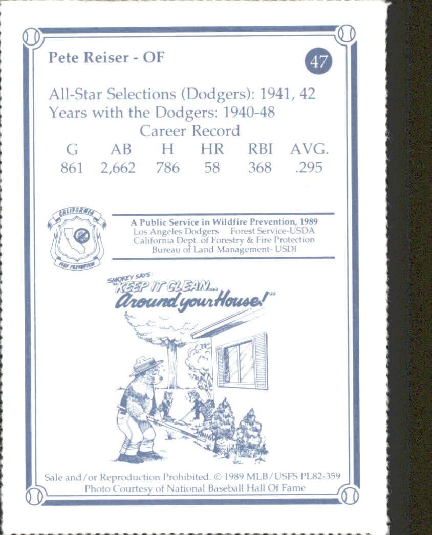 1989 Dodgers Smokey Greats #47 Pete Reiser back image