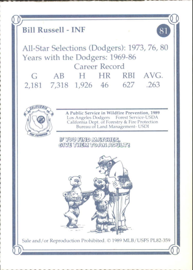 1989 Dodgers Smokey Greats #81 Bill Russell back image