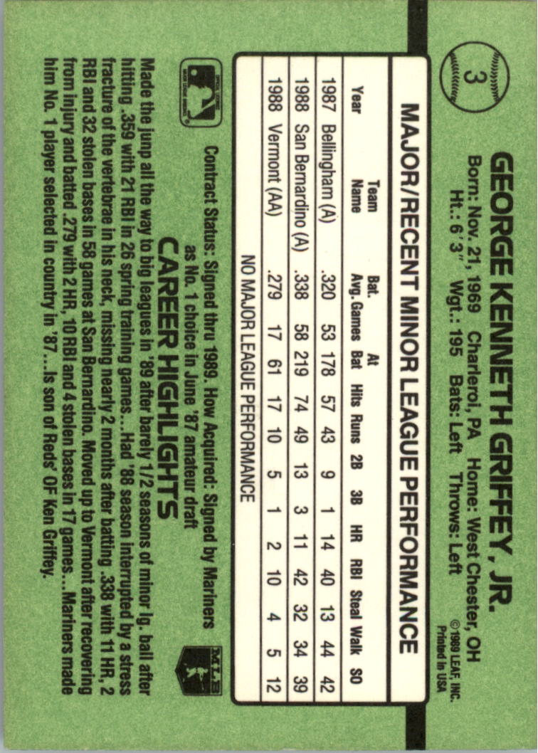 1989 Donruss Rookies #3 Ken Griffey Jr. back image
