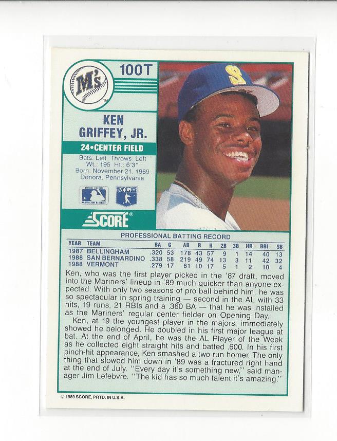 1989 Score Rookie/Traded #100T Ken Griffey Jr. RC back image