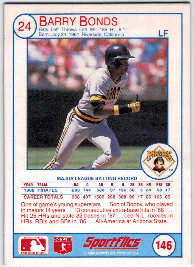 1989 Sportflics #146 Barry Bonds back image