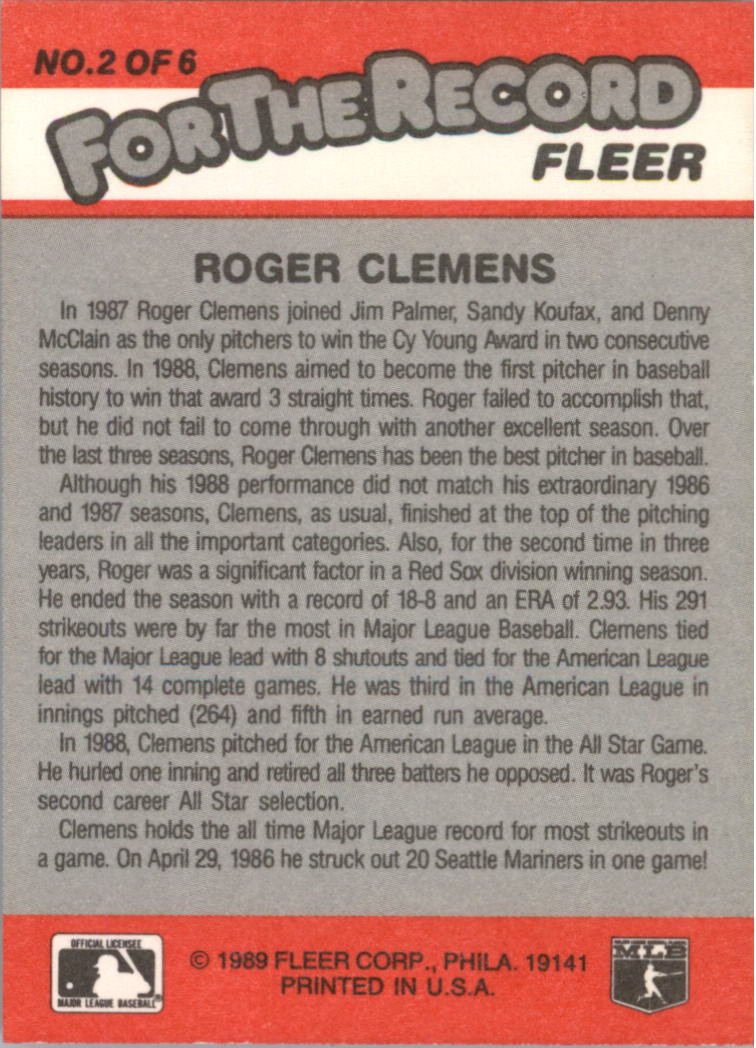 1989 Fleer For The Record #2 Roger Clemens back image