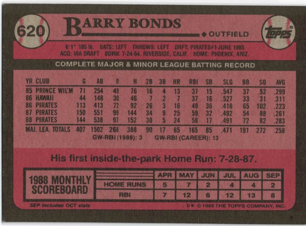 1989 Topps #620 Barry Bonds back image