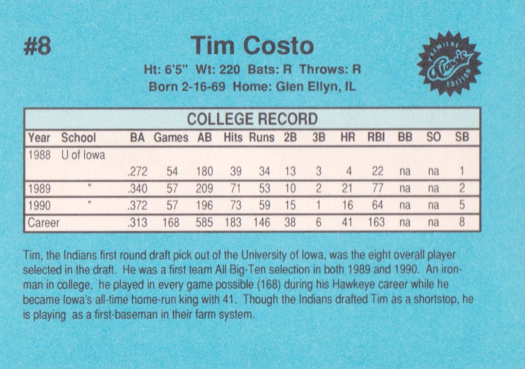 1990 Classic Draft Picks #8 Tim Costo back image