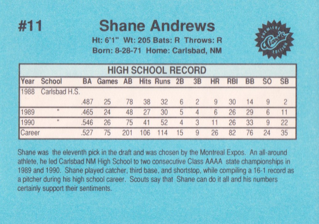 1990 Classic Draft Picks #11 Shane Andrews back image