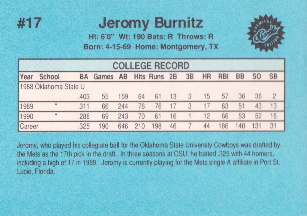 1990 Classic Draft Picks #17 Jeromy Burnitz back image