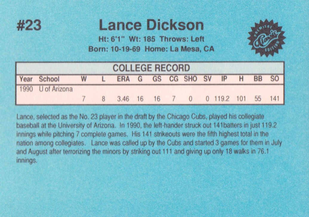 1990 Classic Draft Picks #23 Lance Dickson back image