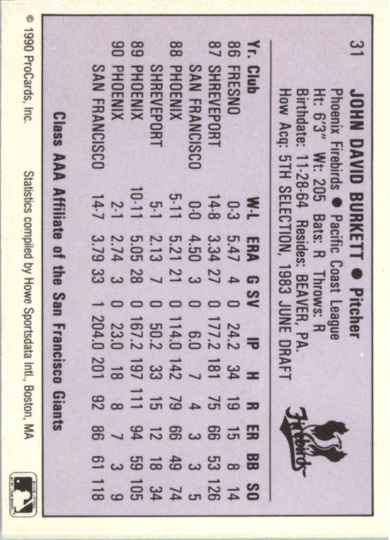 1990 ProCards AAA #31 John Burkett back image