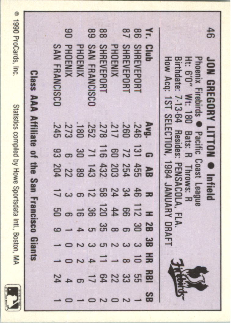 1990 ProCards AAA #46 Greg Litton back image