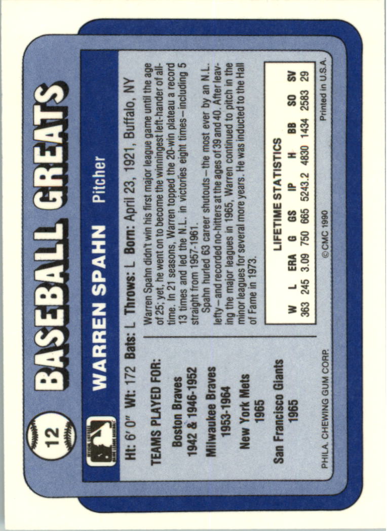 1990 Swell Baseball Greats #12 Warren Spahn back image