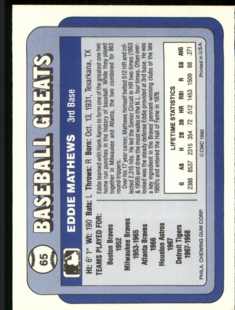 1990 Swell Baseball Greats "Main Set" Cards #1 to #135 - Picture 131 of 272