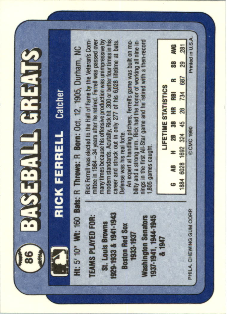 1990 Swell Baseball Greats #86 Rick Ferrell back image